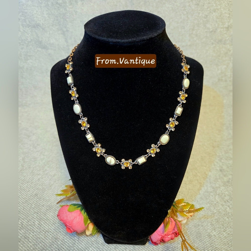 ◽️🟡 Vintage Victorian Rhinestone & Stone Copper Necklace ⛓️